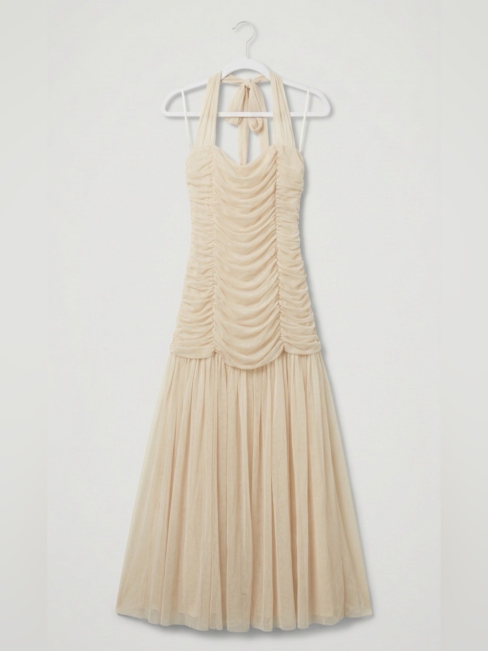 Ruched Halter Midi Dress in Cream